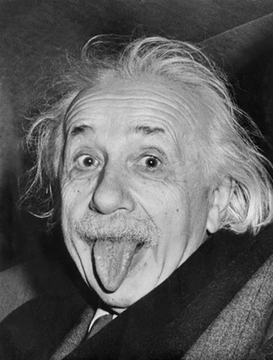 Albert Einstein sticking out his tongue representing the Jester archetype of humour and playful wit