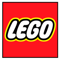 LEGO logo with bold white letters outlined in black and yellow on a bright red square background.