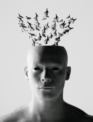 Abstract sculpture of a human head with birds flying out from the top, symbolising freedom of thought and imagination.