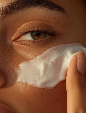 Close up of a woman applying skincare cream to her face representing the Innocent archetype in personal care products