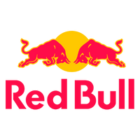 Red Bull logo featuring two red bulls charging at each other in front of a yellow sun with bold red text below.
