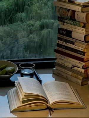 Open book with stacked books by a window representing the Sage archetype of knowledge and understanding