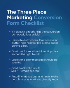 Conversion form checklist with UX tips including reducing fields, avoiding sensitive data early, and improving form clarity.